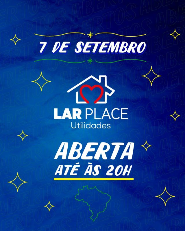 🌟 O feriado da Independência do Brasil (07/09 - domingo) é a oportunidade perfeita para vir até a Lar Place Marília e encontrar praticidade e variedades para o seu dia a dia.

⏰ Estaremos funcionando normalmente até às 20h.

Venha nos visitar e aproveite para garantir o que precisa com aquele atendimento especial que você já conhece!

📍 Endereço: R. Paraná, 101 - Marília - SP

#DiaDaIndependência #Feriado #Marília #LarPlace #ConfortoEPraticidade