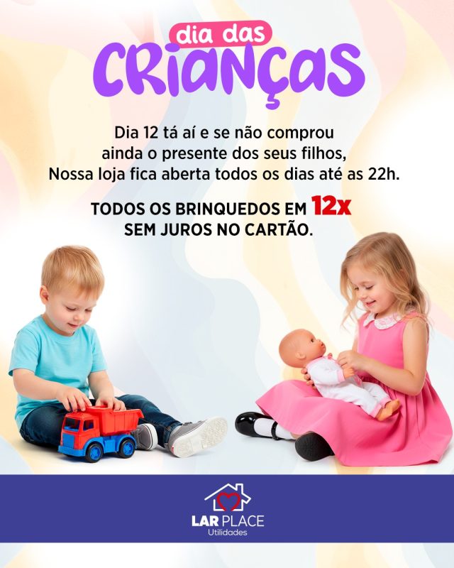 DIA DAS CRIANÇAS

Dia 12 tá aí e se não comprou
ainda o presente dos seus filhos,
a gente resolve!

Nossa loja fica aberta
todos os dias até as 22h.

Todos os brinquedos
em 12x sem juros no cartão.

#DiaDasCrianças #PresentesParaCrianças
#BrincarÉViver #12xSemJuros #AtéAs22h